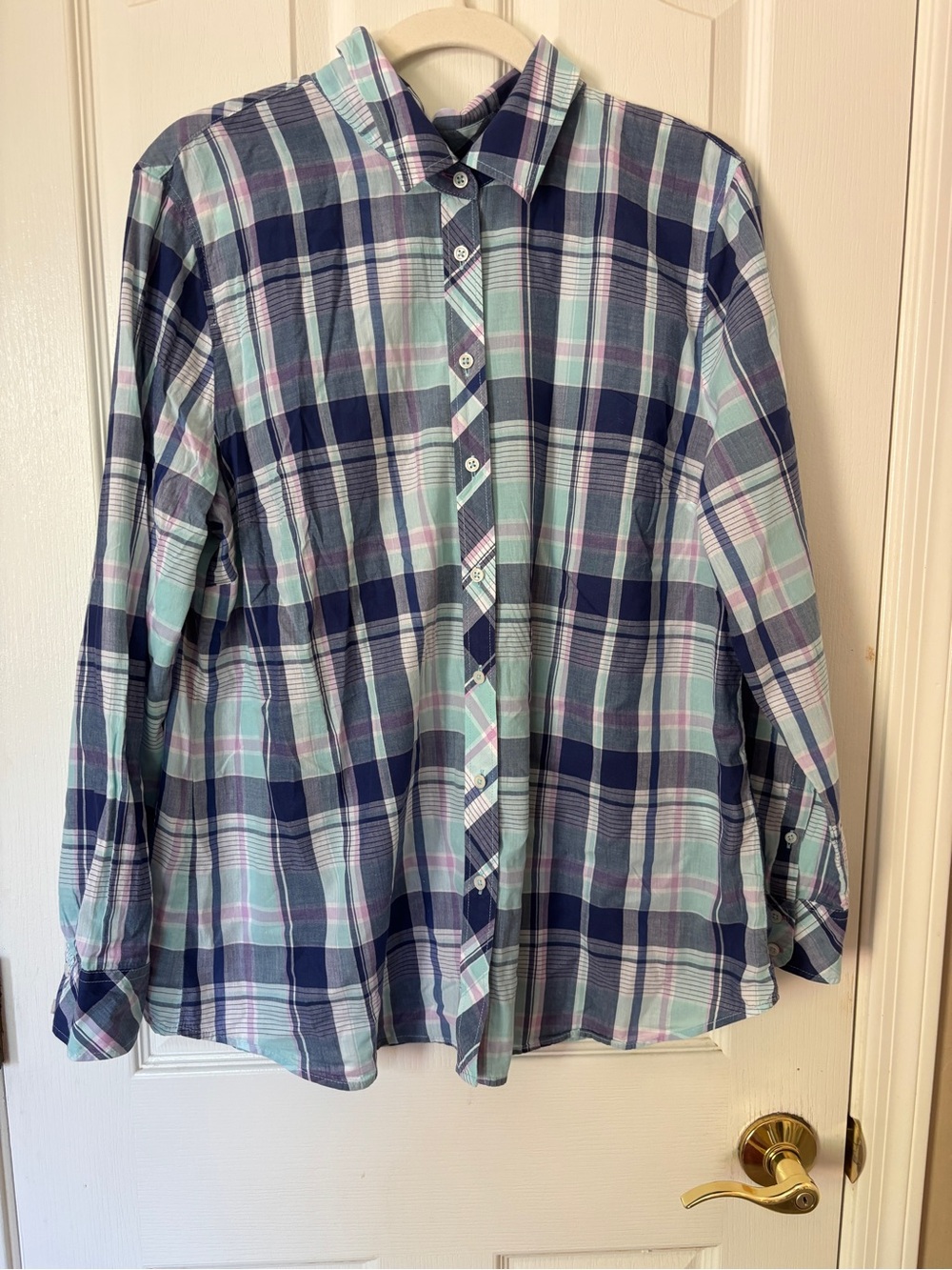 Talbots Navy, Light Blue and Mint Plaid Button-Down Shirt